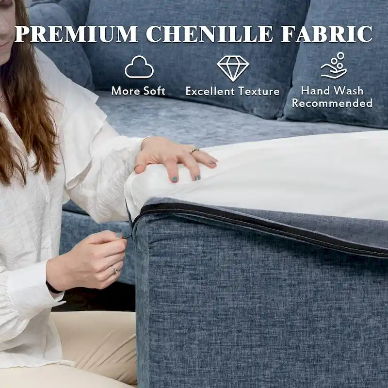 Canapé d'angle en U EROMMY 6 places, convertible en lit réversible, design chenille moderne, avec méridienne et pouf.