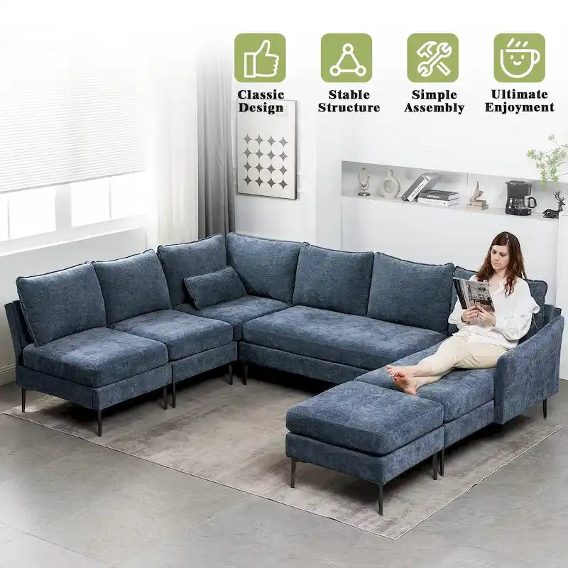 Canapé d'angle en U EROMMY 6 places, convertible en lit réversible, design chenille moderne, avec méridienne et pouf.