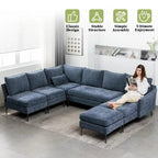 Canapé d'angle en U EROMMY 6 places, convertible en lit réversible, design chenille moderne, avec méridienne et pouf.