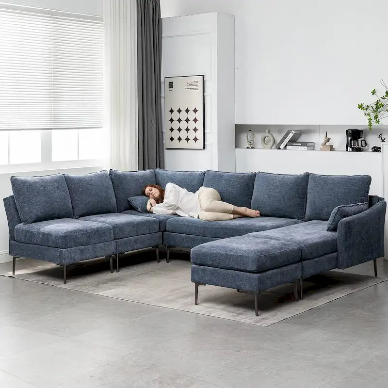 Canapé d'angle en U EROMMY 6 places, convertible en lit réversible, design chenille moderne, avec méridienne et pouf.