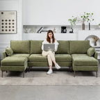 Canapé d'angle en U EROMMY 6 places, convertible en lit réversible, design chenille moderne, avec méridienne et pouf.