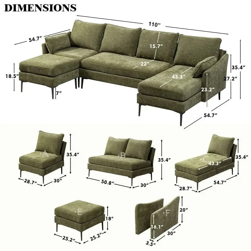 Canapé d'angle en U EROMMY 6 places, convertible en lit réversible, design chenille moderne, avec méridienne et pouf.