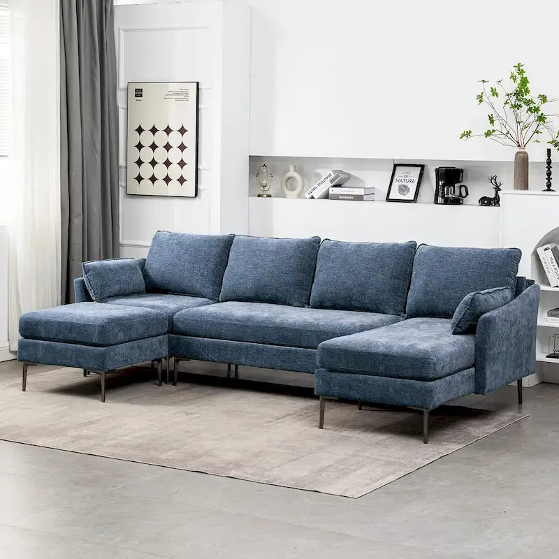 Canapé d'angle en U EROMMY 6 places, convertible en lit réversible, design chenille moderne, avec méridienne et pouf.