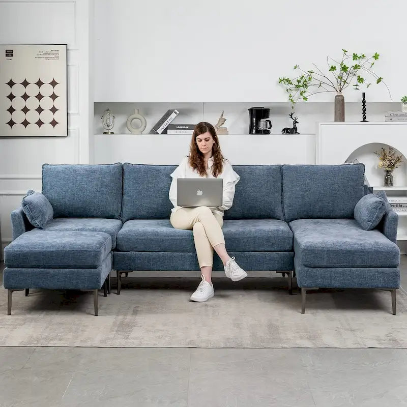 Canapé d'angle en U EROMMY 6 places, convertible en lit réversible, design chenille moderne, avec méridienne et pouf.