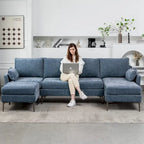 Canapé d'angle en U EROMMY 6 places, convertible en lit réversible, design chenille moderne, avec méridienne et pouf.