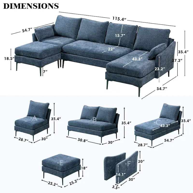 Canapé d'angle en U EROMMY 6 places, convertible en lit réversible, design chenille moderne, avec méridienne et pouf.
