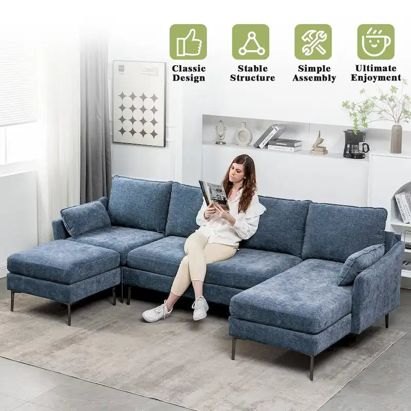 Canapé d'angle en U EROMMY 6 places, convertible en lit réversible, design chenille moderne, avec méridienne et pouf.