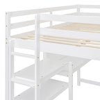 Lit mezzanine en bois avec étagères et bureau