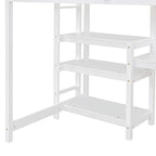 Lit mezzanine en bois avec étagères et bureau