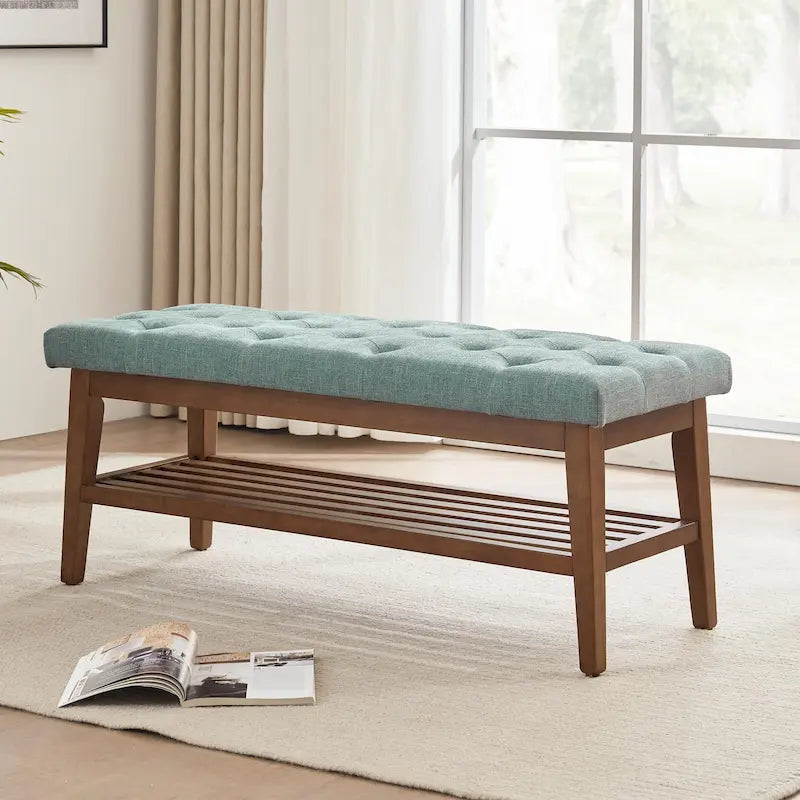Banc à chaussures d'entrée avec rangement, revêtement en tissu et bois massif, 109 cm (43 pouces), banquette rembourrée pour salon et chambres
