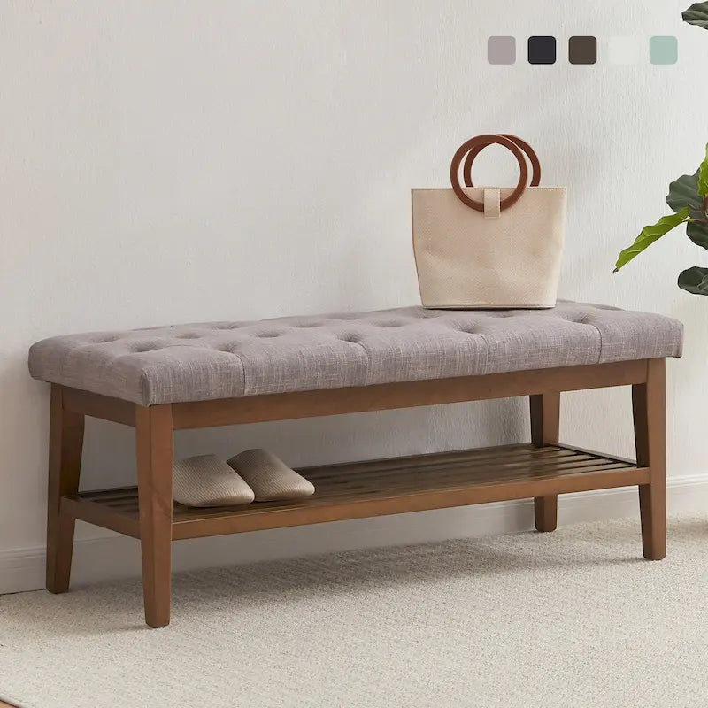 Banc à chaussures d'entrée avec rangement, revêtement en tissu et bois massif, 109 cm (43 pouces), banquette rembourrée pour salon et chambres