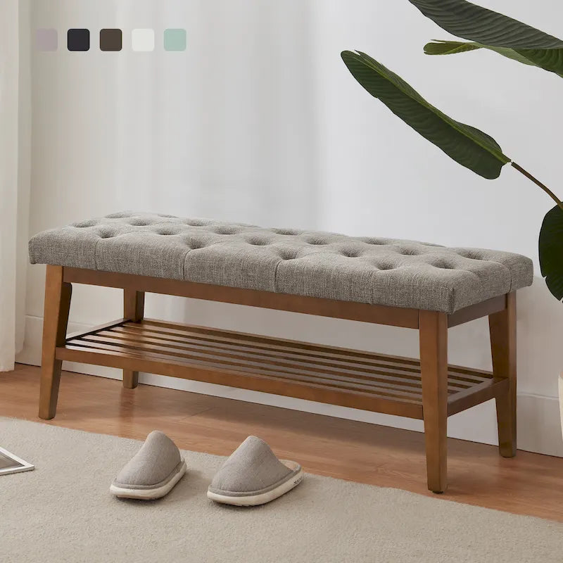 Banc à chaussures d'entrée avec rangement, revêtement en tissu et bois massif, 109 cm (43 pouces), banquette rembourrée pour salon et chambres