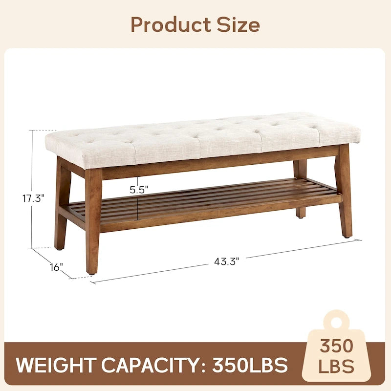Banc à chaussures d'entrée avec rangement, revêtement en tissu et bois massif, 109 cm (43 pouces), banquette rembourrée pour salon et chambres