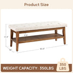 Banc à chaussures d'entrée avec rangement, revêtement en tissu et bois massif, 109 cm (43 pouces), banquette rembourrée pour salon et chambres