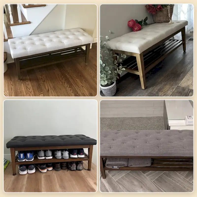Banc à chaussures d'entrée avec rangement, revêtement en tissu et bois massif, 109 cm (43 pouces), banquette rembourrée pour salon et chambres