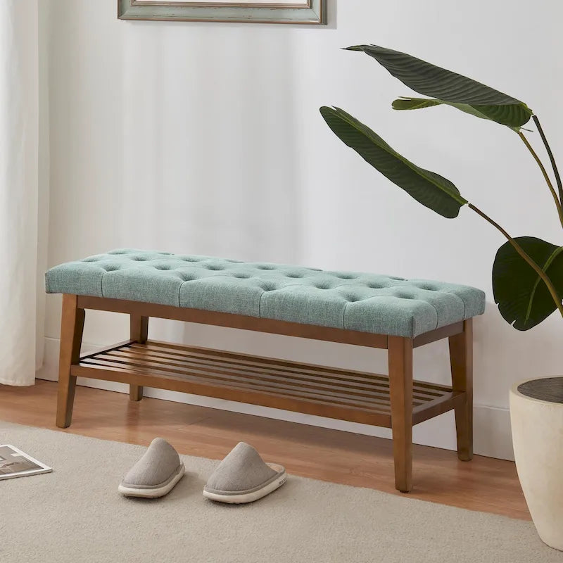 Banc à chaussures d'entrée avec rangement, revêtement en tissu et bois massif, 109 cm (43 pouces), banquette rembourrée pour salon et chambres