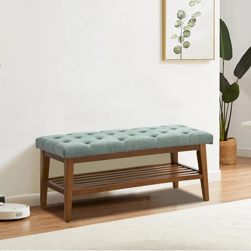 Banc à chaussures d'entrée avec rangement, revêtement en tissu et bois massif, 109 cm (43 pouces), banquette rembourrée pour salon et chambres
