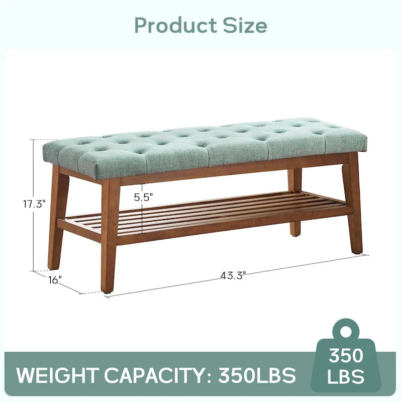 Banc à chaussures d'entrée avec rangement, revêtement en tissu et bois massif, 109 cm (43 pouces), banquette rembourrée pour salon et chambres