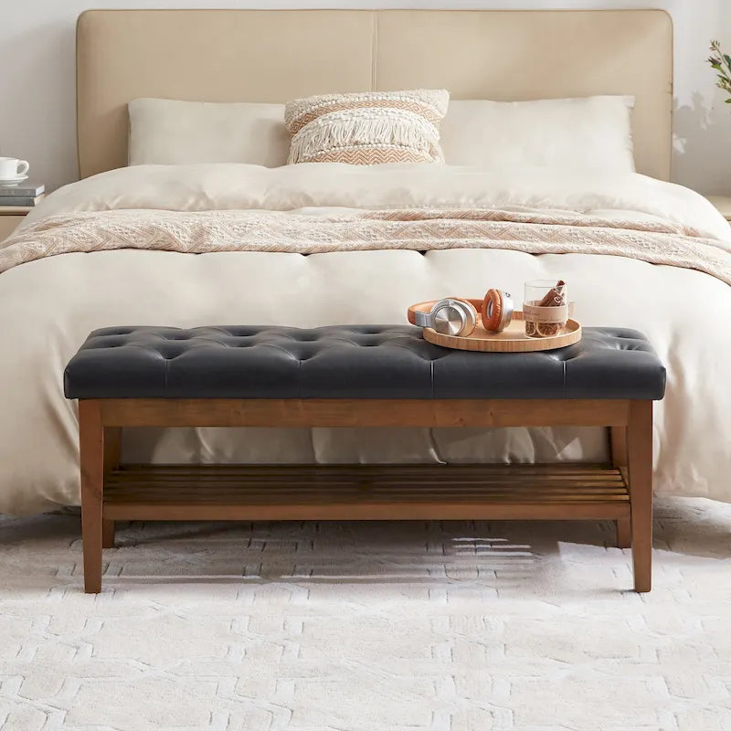Banc à chaussures d'entrée avec rangement, revêtement en tissu et bois massif, 109 cm (43 pouces), banquette rembourrée pour salon et chambres