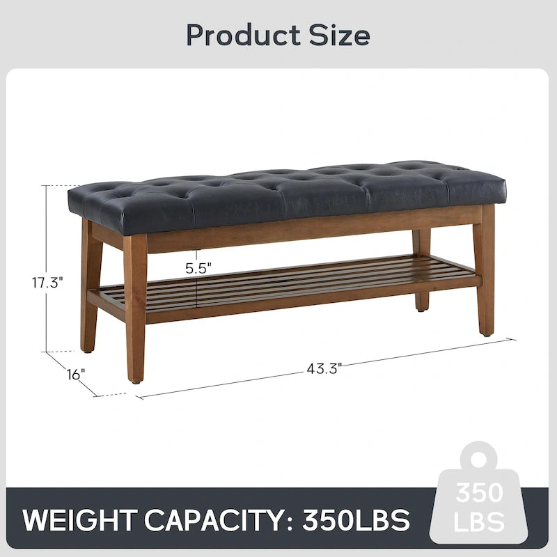 Banc à chaussures d'entrée avec rangement, revêtement en tissu et bois massif, 109 cm (43 pouces), banquette rembourrée pour salon et chambres
