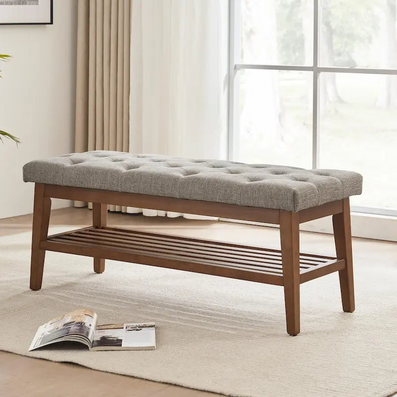 Banc à chaussures d'entrée avec rangement, revêtement en tissu et bois massif, 109 cm (43 pouces), banquette rembourrée pour salon et chambres