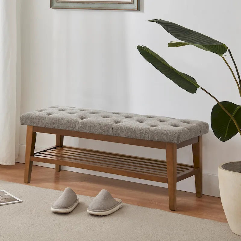 Banc à chaussures d'entrée avec rangement, revêtement en tissu et bois massif, 109 cm (43 pouces), banquette rembourrée pour salon et chambres