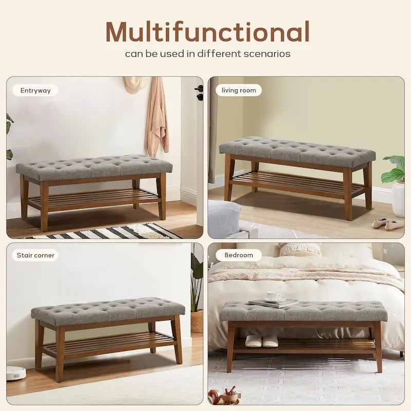 Banc à chaussures d'entrée avec rangement, revêtement en tissu et bois massif, 109 cm (43 pouces), banquette rembourrée pour salon et chambres