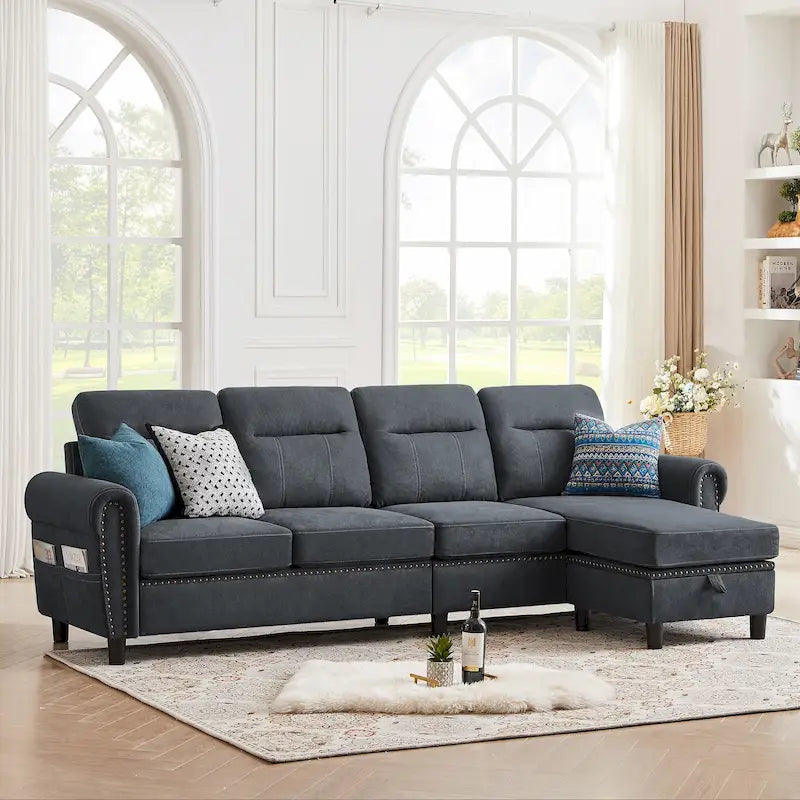 Canapé d'angle réversible 4 places en forme de L avec sacs de rangement latéraux (106,69 €)