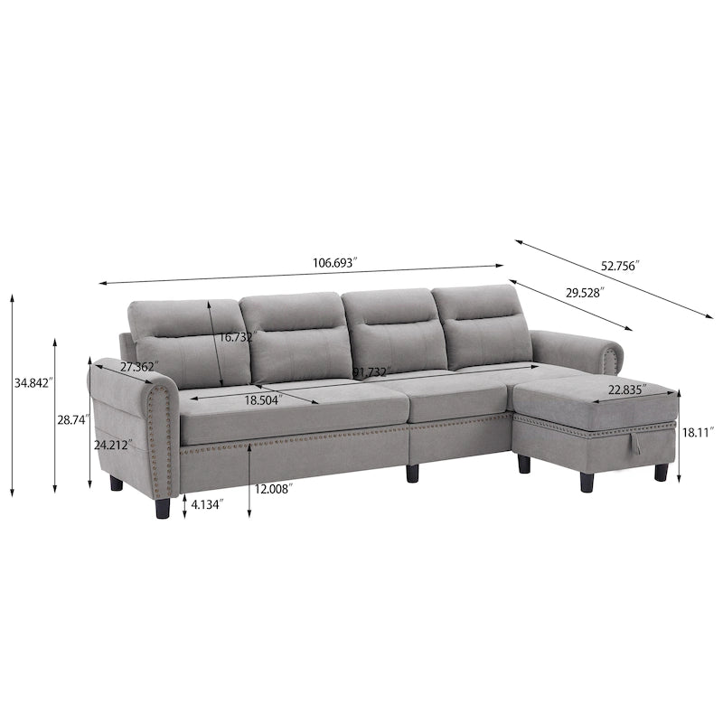 Canapé d'angle réversible 4 places en forme de L avec sacs de rangement latéraux (106,69 €)
