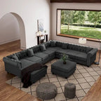 Canapé d'angle Chesterfield avec pouf et 6 coussins, en lin, en forme de U, avec méridienne et pieds en hévéa, idéal pour le salon.