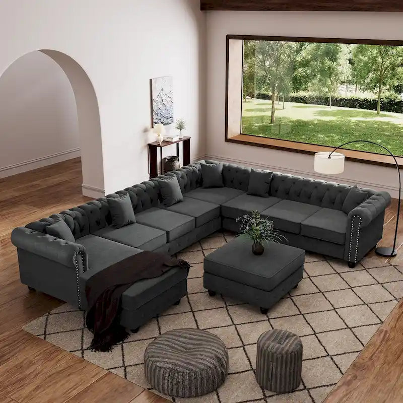 Canapé d'angle Chesterfield avec pouf et 6 coussins, en lin, en forme de U, avec méridienne et pieds en hévéa, idéal pour le salon.