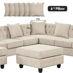 Canapé d'angle Chesterfield avec pouf et 6 coussins, en lin, en forme de U, avec méridienne et pieds en hévéa, idéal pour le salon.