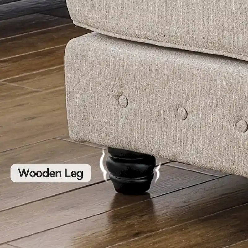 Canapé d'angle Chesterfield avec pouf et 6 coussins, en lin, en forme de U, avec méridienne et pieds en hévéa, idéal pour le salon.