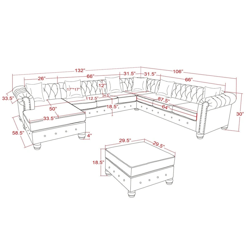 Canapé d'angle Chesterfield avec pouf et 6 coussins, en lin, en forme de U, avec méridienne et pieds en hévéa, idéal pour le salon.