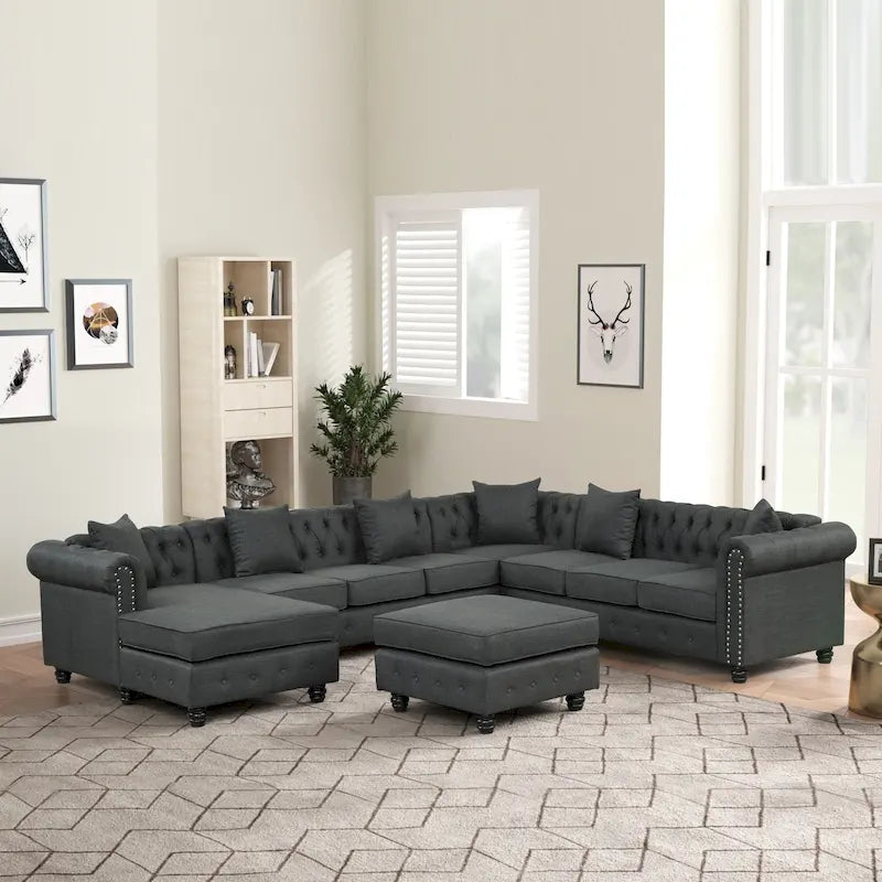 Canapé d'angle Chesterfield avec pouf et 6 coussins, en lin, en forme de U, avec méridienne et pieds en hévéa, idéal pour le salon.