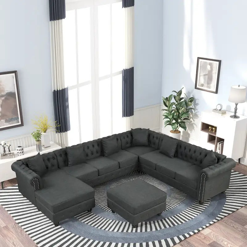 Canapé d'angle Chesterfield avec pouf et 6 coussins, en lin, en forme de U, avec méridienne et pieds en hévéa, idéal pour le salon.