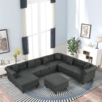 Canapé d'angle Chesterfield avec pouf et 6 coussins, en lin, en forme de U, avec méridienne et pieds en hévéa, idéal pour le salon.