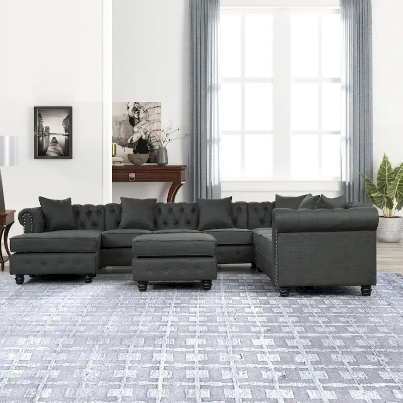 Canapé d'angle Chesterfield avec pouf et 6 coussins, en lin, en forme de U, avec méridienne et pieds en hévéa, idéal pour le salon.
