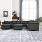 Canapé d'angle Chesterfield avec pouf et 6 coussins, en lin, en forme de U, avec méridienne et pieds en hévéa, idéal pour le salon.