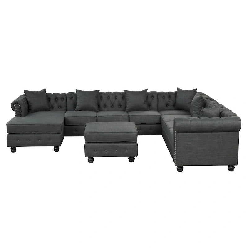 Canapé d'angle Chesterfield avec pouf et 6 coussins, en lin, en forme de U, avec méridienne et pieds en hévéa, idéal pour le salon.