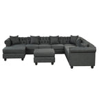 Canapé d'angle Chesterfield avec pouf et 6 coussins, en lin, en forme de U, avec méridienne et pieds en hévéa, idéal pour le salon.