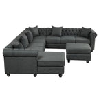 Canapé d'angle Chesterfield avec pouf et 6 coussins, en lin, en forme de U, avec méridienne et pieds en hévéa, idéal pour le salon.