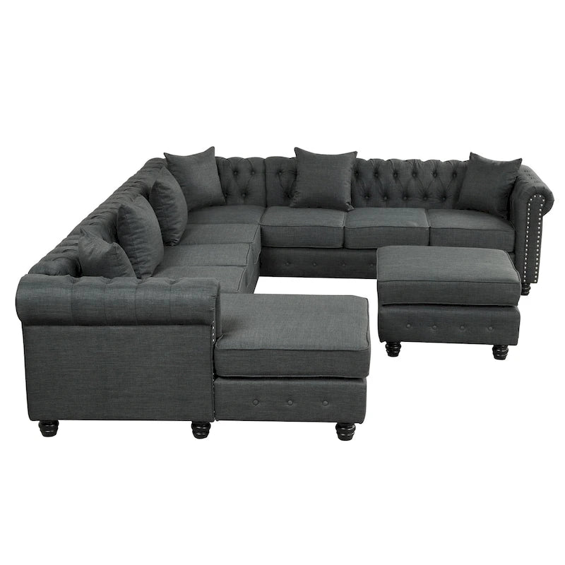 Canapé d'angle Chesterfield avec pouf et 6 coussins, en lin, en forme de U, avec méridienne et pieds en hévéa, idéal pour le salon.