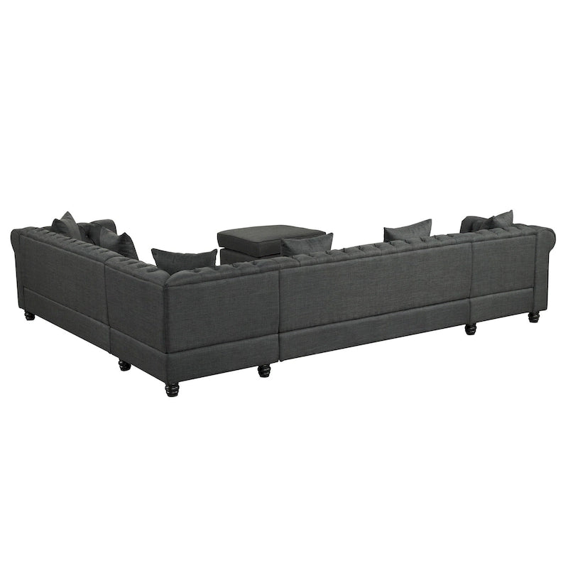 Canapé d'angle Chesterfield avec pouf et 6 coussins, en lin, en forme de U, avec méridienne et pieds en hévéa, idéal pour le salon.