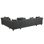 Canapé d'angle Chesterfield avec pouf et 6 coussins, en lin, en forme de U, avec méridienne et pieds en hévéa, idéal pour le salon.