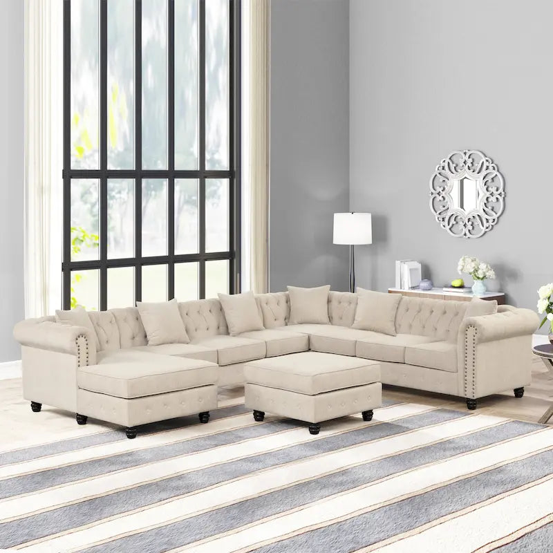 Canapé d'angle Chesterfield avec pouf et 6 coussins, en lin, en forme de U, avec méridienne et pieds en hévéa, idéal pour le salon.
