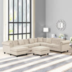 Canapé d'angle Chesterfield avec pouf et 6 coussins, en lin, en forme de U, avec méridienne et pieds en hévéa, idéal pour le salon.