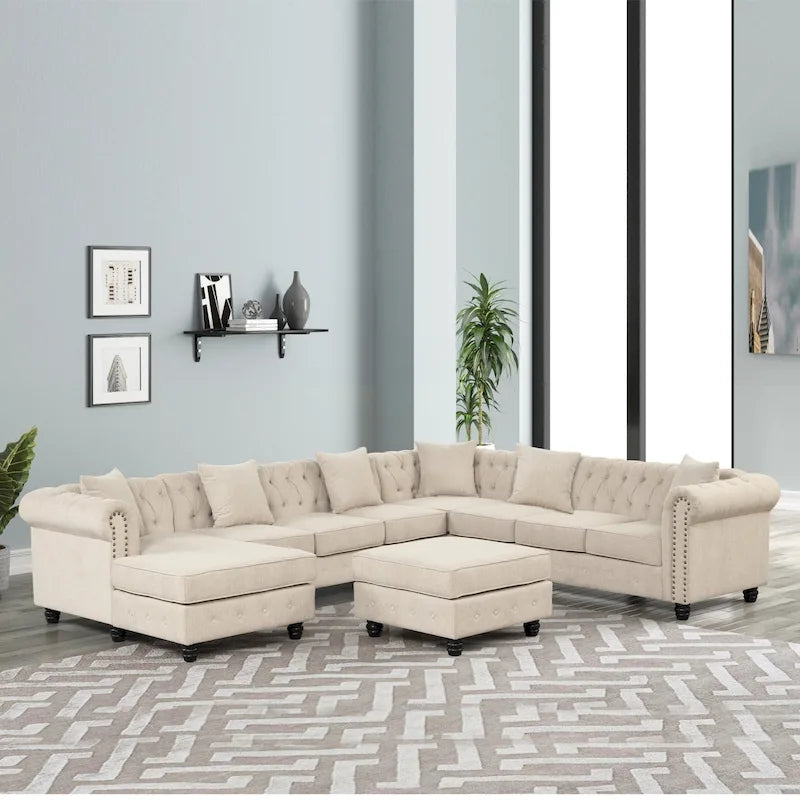 Canapé d'angle Chesterfield avec pouf et 6 coussins, en lin, en forme de U, avec méridienne et pieds en hévéa, idéal pour le salon.