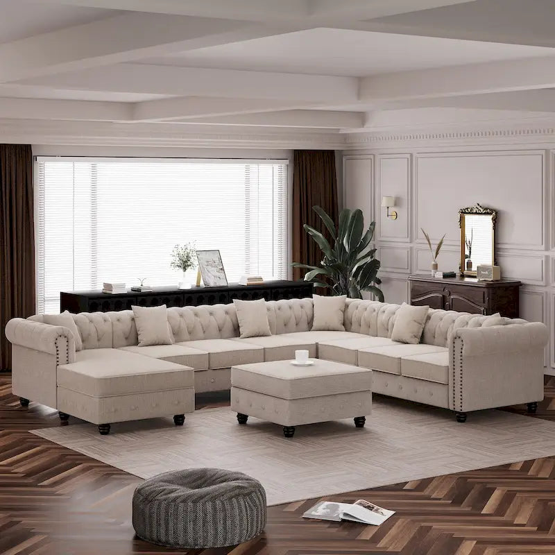 Canapé d'angle Chesterfield avec pouf et 6 coussins, en lin, en forme de U, avec méridienne et pieds en hévéa, idéal pour le salon.