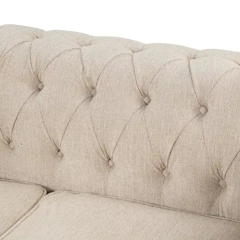Canapé d'angle Chesterfield avec pouf et 6 coussins, en lin, en forme de U, avec méridienne et pieds en hévéa, idéal pour le salon.